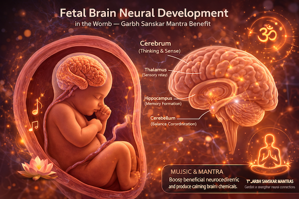 Scientific illustration of fetal brain neural development in the womb &mdash; garbh sanskar mantra brain benefi