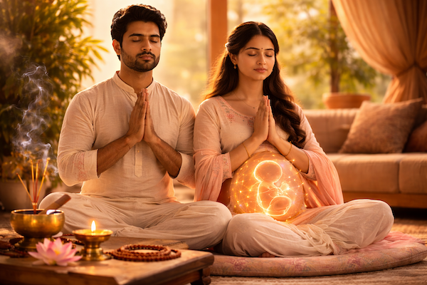 Husband and wife chanting Garbh Sanskar mantra together during pregnancy &mdash; couple meditating at home